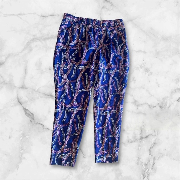 J. Crew Collection 100% Silk Dress Pants Coral Navy Floral Abstract Print Sz 2 - Picture 1 of 15